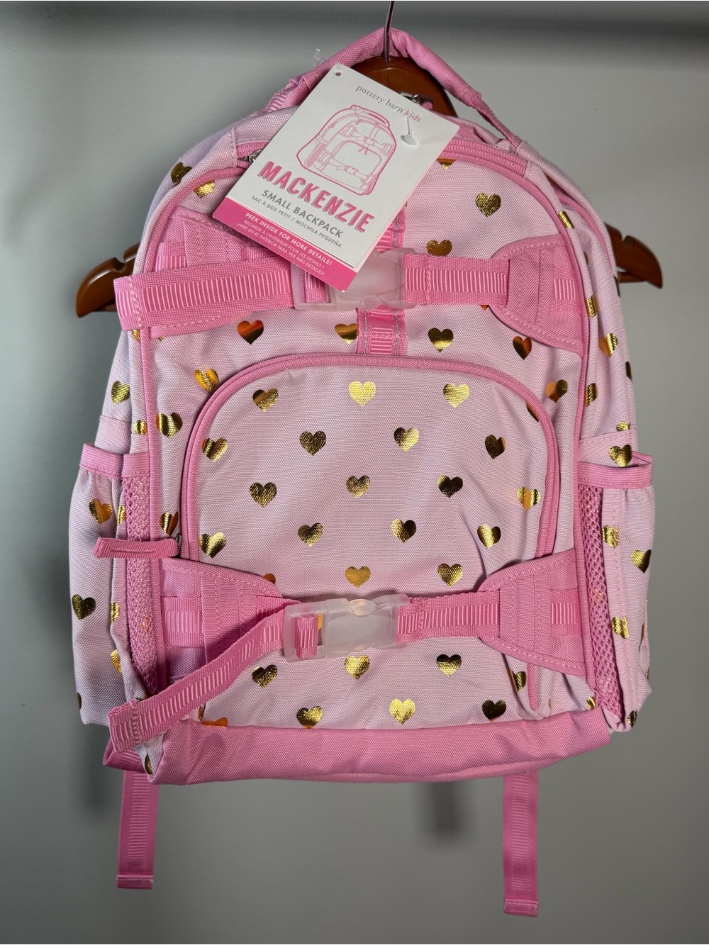 Pottery Barn Kids Mackenzie Small Pink/Gold Hearts Backpack Padded Bottle Pocket
